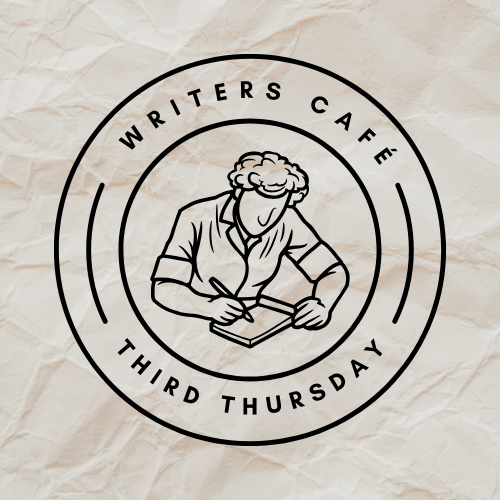 Image of a logo of an individual writing. Text on logo says Writers Café, Third Thursday.