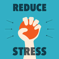 Image of a hand squeezing a stress ball. Text displayed saying REDUCE STRESS.