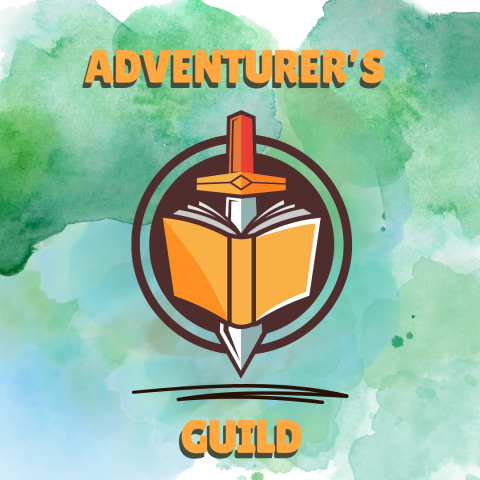 Logo with words Adventurer's Guild above and below an image of a sword behind a book.