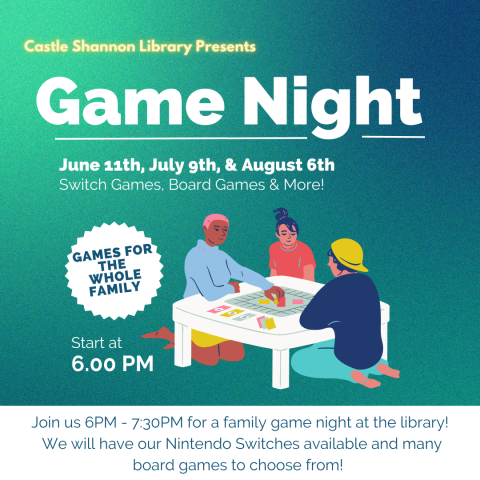 Game night flyer with I 3 people playing games at a table. Text reads Castle Shannon Library Presents Game Night June 11th, July 9th, & August 6th.