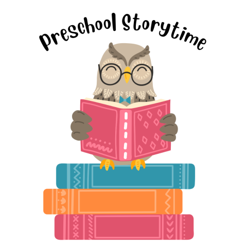 An owl sitting on a stack of books reading. Text that says Preschool Storytime