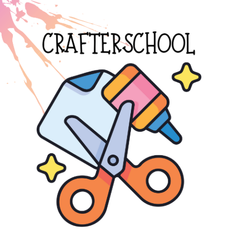 image of scissors, glue, and paper with a small paint splatter. Text that reads Crafterschool above. 