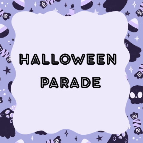 Purple image with ghosts, skulls, and candy corn illustrated in a clipart style with text that reads Halloween Parade