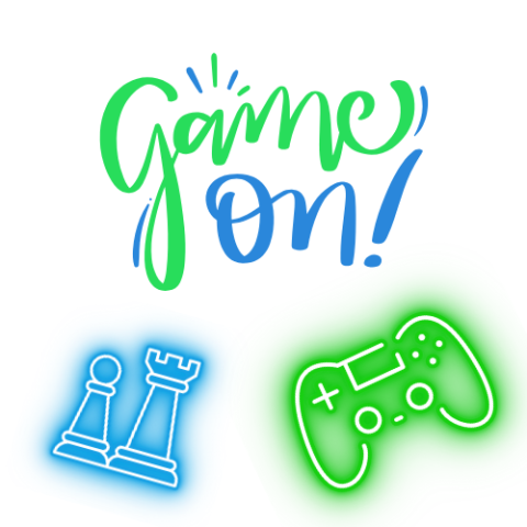 image of a game controller and two chess pieces in neon lights with the text about it reading Game On! in cursive font. 